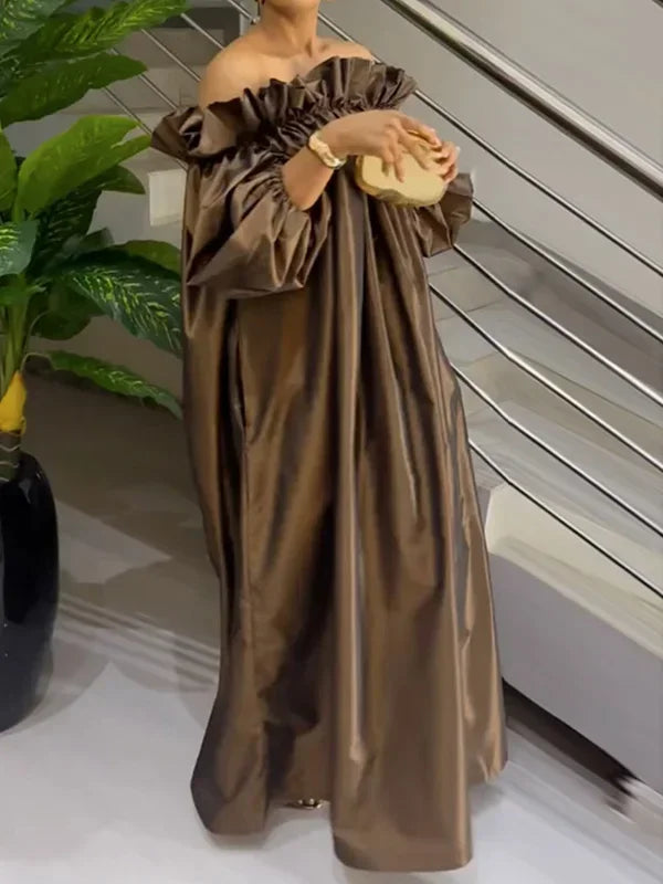 Women Fashion Falbala Elegant Evening Maxi Dresses  New Spring Puff Sleeves Pleated Off-The-Shoulder Party Prom Dress