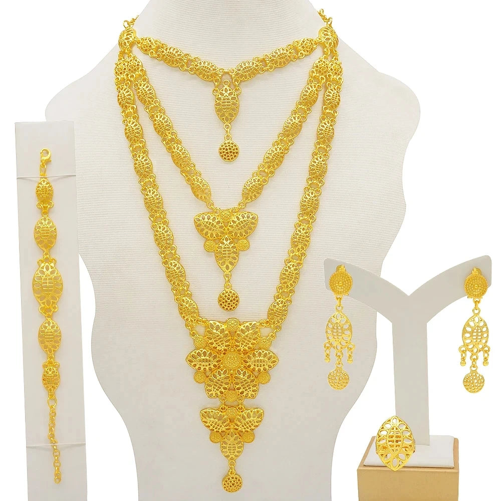 Dubai Gold Color Jewelry Set For Woman Bridal Nigerian African Long Chain Necklace Earrings Bracelet Ring Jewellery Set