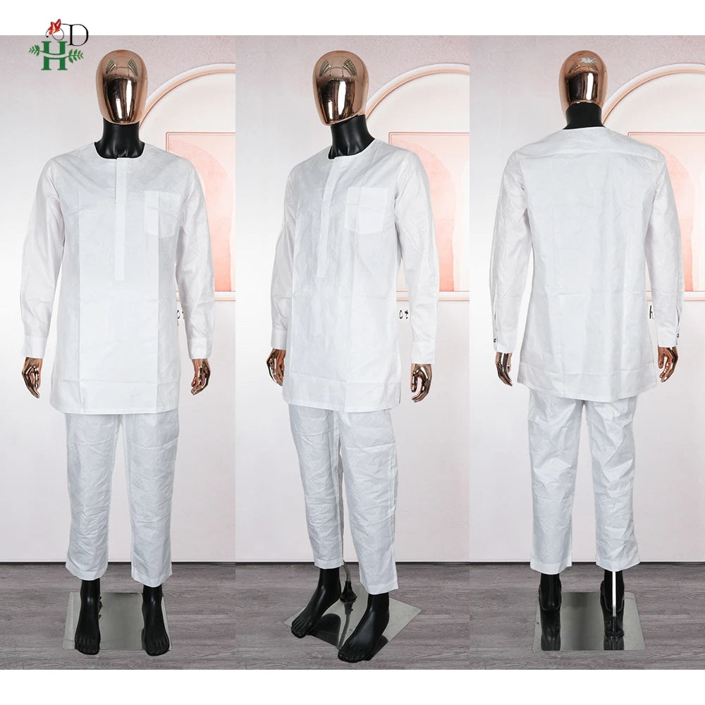African Clothes Embroidery Bazin Riche Bubu Gown For Men Church Party Wedding Thobe 3 PC Top and Pants White Suit Set Daily Wear