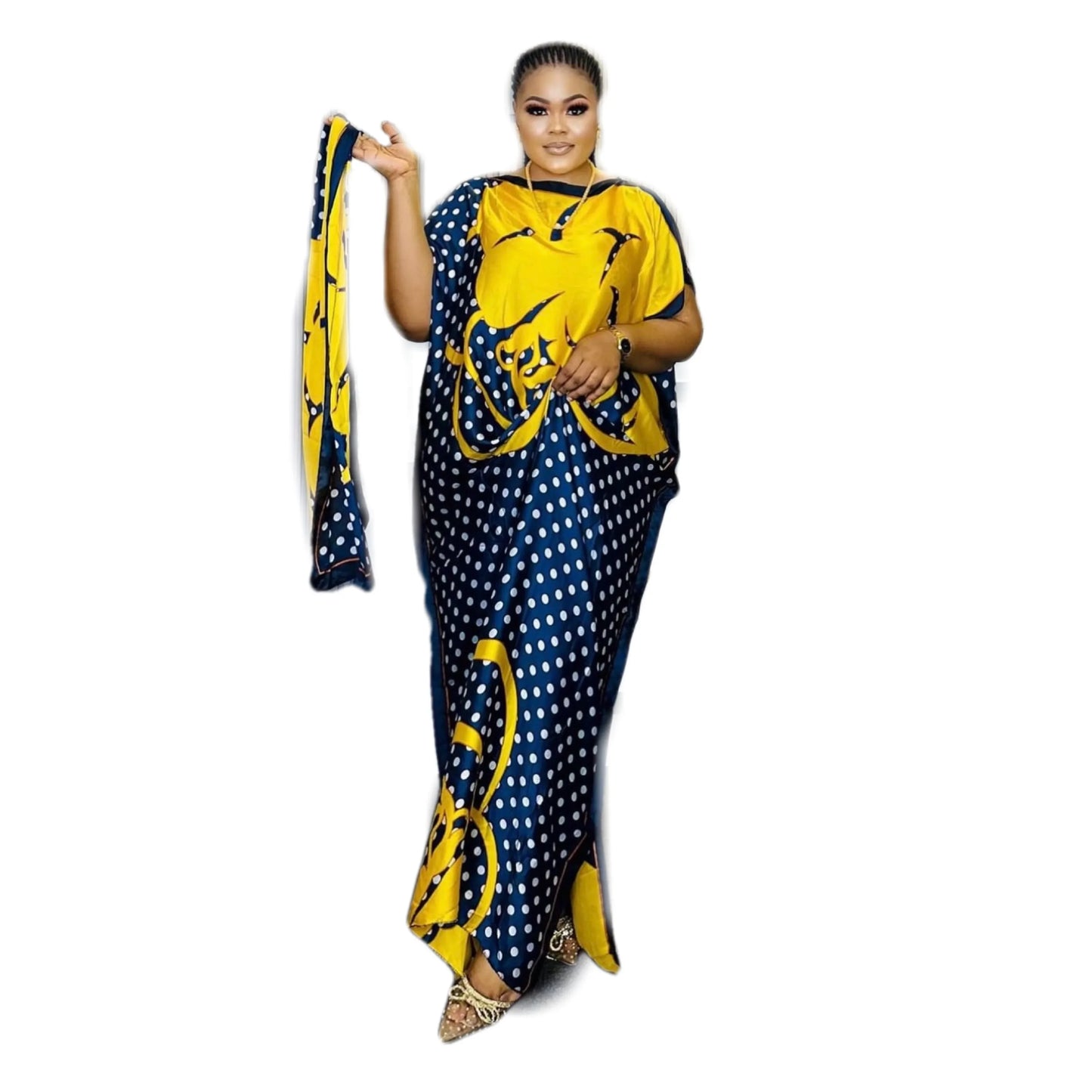 Plus Size Polka Dot Printed Kaftan Dress,Modern Round Neck Short Sleeved Maxi Dress, Women's Plus Size Clothing with A Headscarf