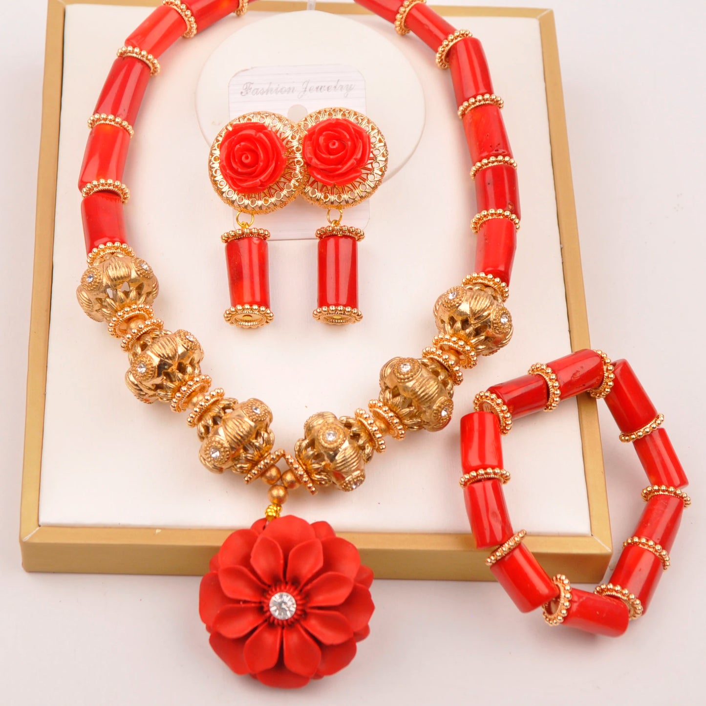 Orange Nigerian Artificial Coral Bead Necklace African Jewelry Sets