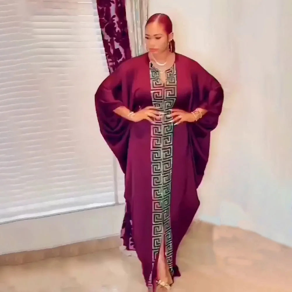 2025 High Quality African Women Plus Size Dress Bat Sleeve V Neck Robes Diamond Dashiki Maxi Dresses Muslim Femme Elegant Abayas