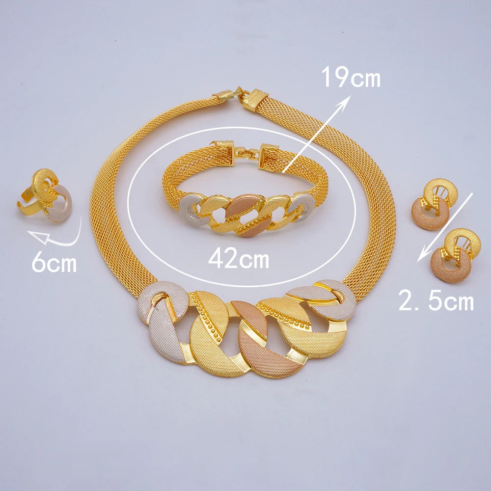 Trendy Nigerian Dubai Gold Color Jewelry Set For Women Tassel Long Chain Bridal Long Necklace Bracelet Earring Ring Wedding Sets