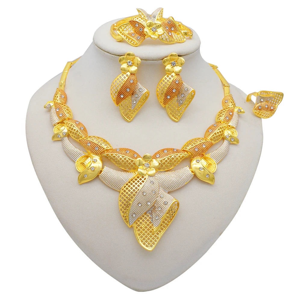 Necklace Sets For Women Dubai African Gold Color Jewelry Set Bride Earrings Rings Indian Nigerian Wedding Jewelery Set Gift