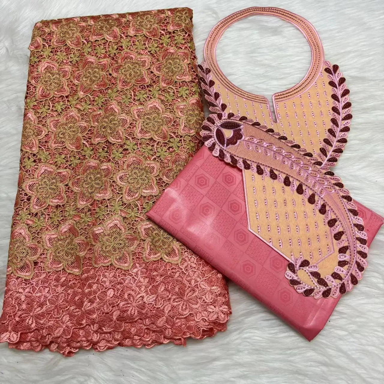2024 High Quality 2.5yards Bazin Riche Brocade Fabric +2.5 Yards African Cotton Lace Fabric with Collar Set for Dress  M4-1212-1