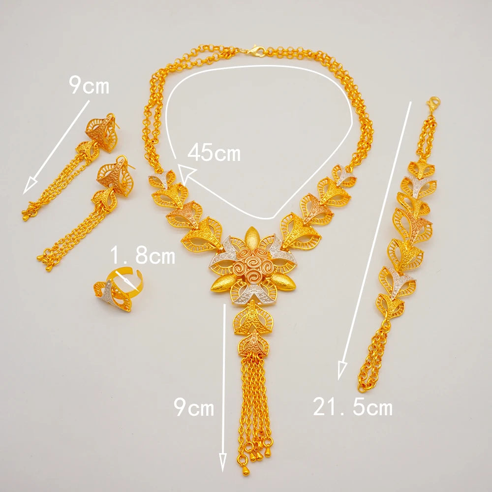 Trendy Nigerian Dubai Gold Color Jewelry Set For Women Tassel Long Chain Bridal Long Necklace Bracelet Earring Ring Wedding Sets