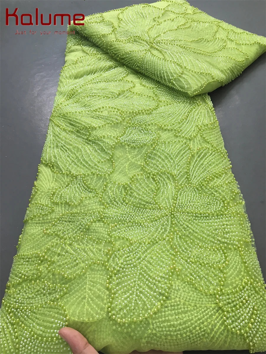 Kalume Green French Mesh Lace Fabric Beads African Lace Fabrics Nigerian Mesh Lace Fabric For Diy Dresses Party Wedding F4034