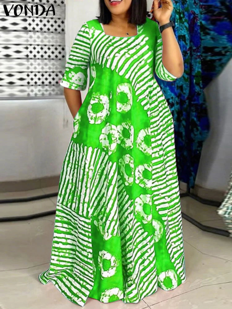 Plus Size Women Bohemian Maxi Dress 2025 Summer Printed Long Sundress VONDA Beach Party Vestidos Half Sleeve Casual Loose Robe