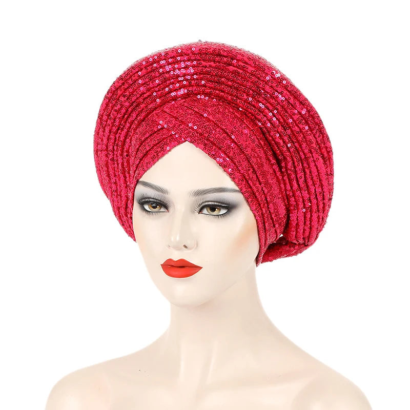 African Already Made Hat Auto Gele Women Hijab Headtie Nigeria Wedding Party Gele Female Head Wraps Headpiece Sequin Turban Caps