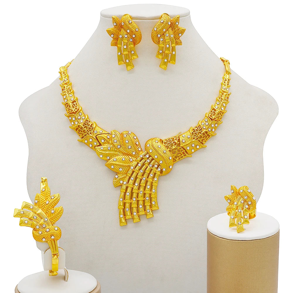 Nigeria Dubai Gold Color Fine Flowers Jewelry Sets African Wedding Gifts Party For Women Bracelet Necklace Earrings Ring Set
