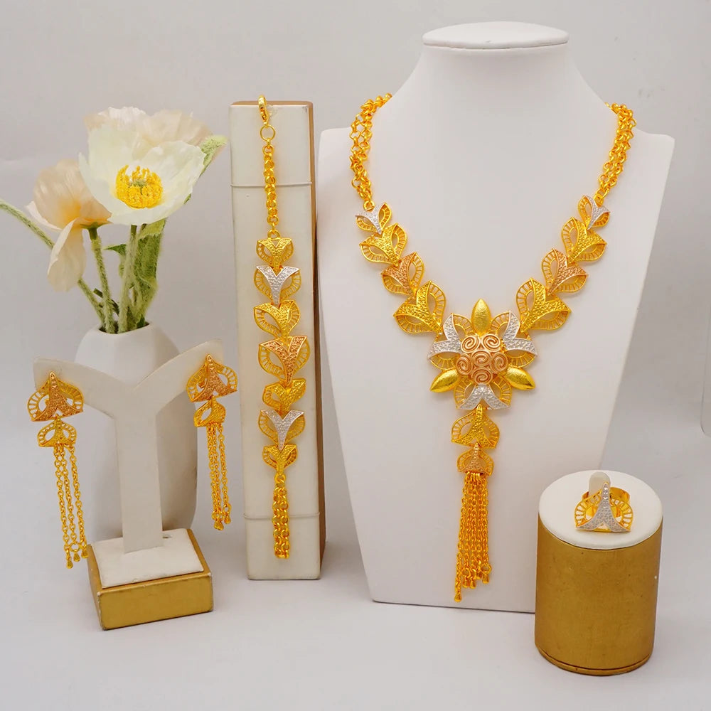 Trendy Nigerian Dubai Gold Color Jewelry Set For Women Tassel Long Chain Bridal Long Necklace Bracelet Earring Ring Wedding Sets