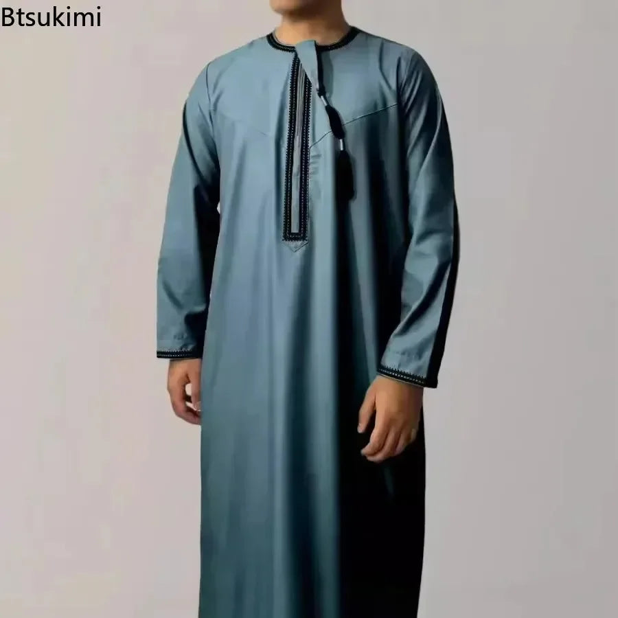 New Men's Muslim Fashion Abayas Dress O Neck Long Sleeve Pullover Kaftan Pakistan Saudi Arab Caftan Islamic Clothing Prayer Robe