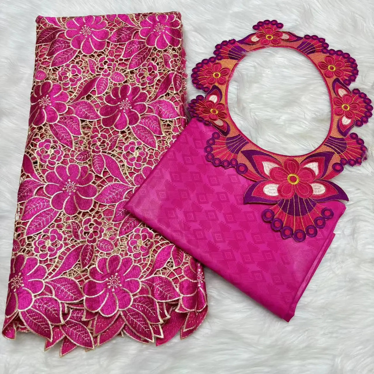 2024 High Quality 2.5yards Bazin Riche Brocade Fabric +2.5 Yards African Cotton Lace Fabric with Collar Set for Dress  M4-1212-1