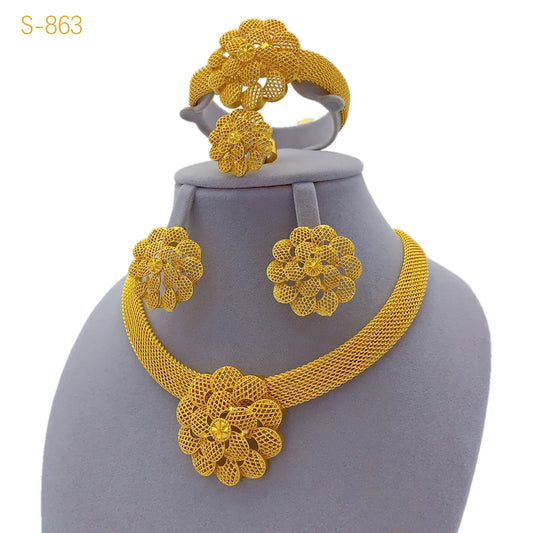 Luxury Flower Necklace Sets For Women Wedding Dubai Gold Plated African Jewelry Set Indian Jewellery Anniversary Gifts