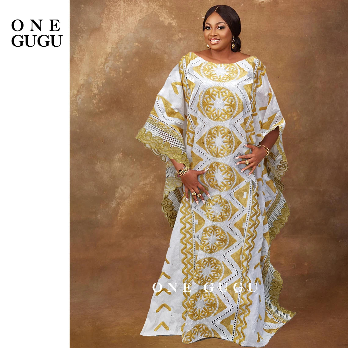 2025 Nigerian Original Bazin Dress Dashiki Gold Brocade Embroiderey Basin Clothing White Robe Wedding Party Lady Gown Dresses