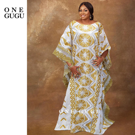 2025 Nigerian Original Bazin Dress Dashiki Gold Brocade Embroiderey Basin Clothing White Robe Wedding Party Lady Gown Dresses