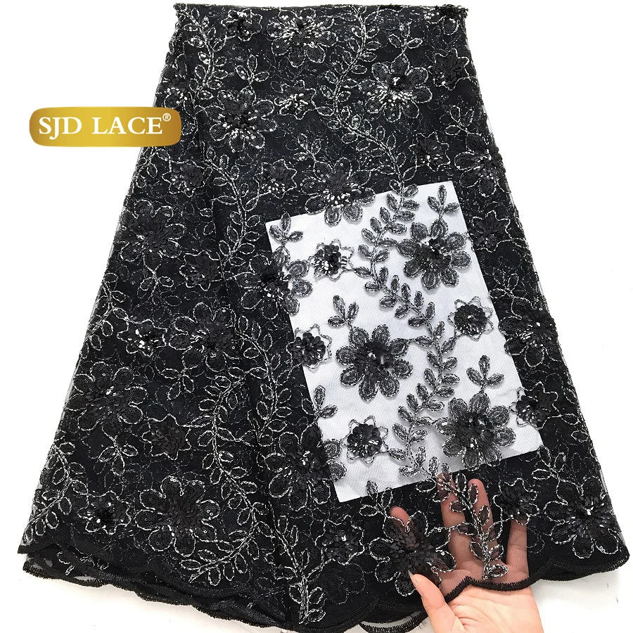 SJD LACE 5Yards Nigerian Tulle Mesh Lace Fabric 2025 High Quality French African Sequins Net Lace for Women Wedding Dresses 4173