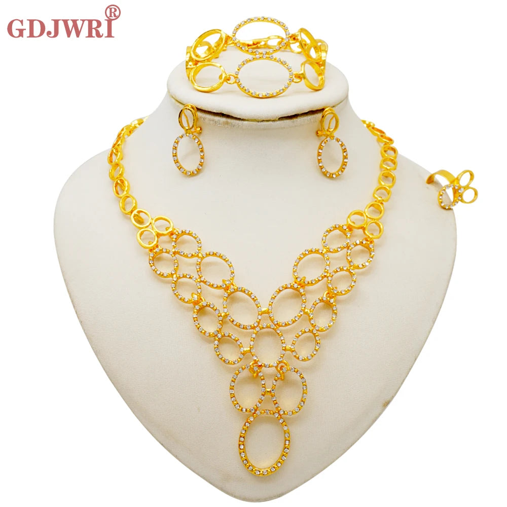 Necklace Sets For Women Dubai African Gold Color Jewelry Set Bride Earrings Rings Indian Nigerian Wedding Jewelery Set Gift