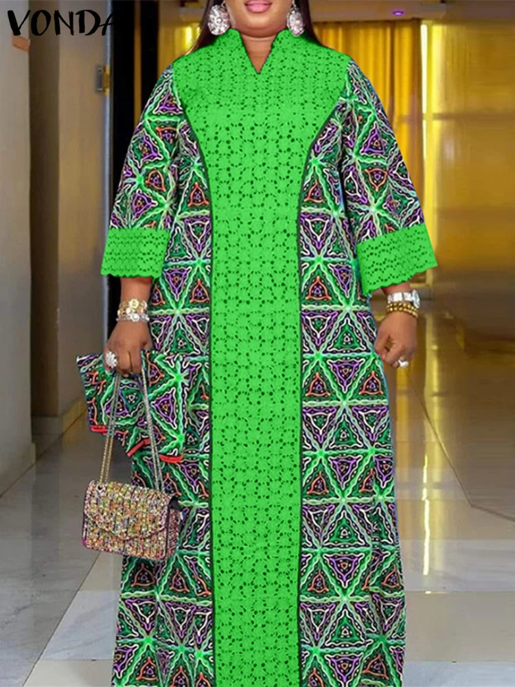 Women Floral Printed Maxi Dress 2025 VONDA Autumn Long Sleeve Loose Long Robe Bohemian Vestidos Oversize V-neck Sundress Baggy