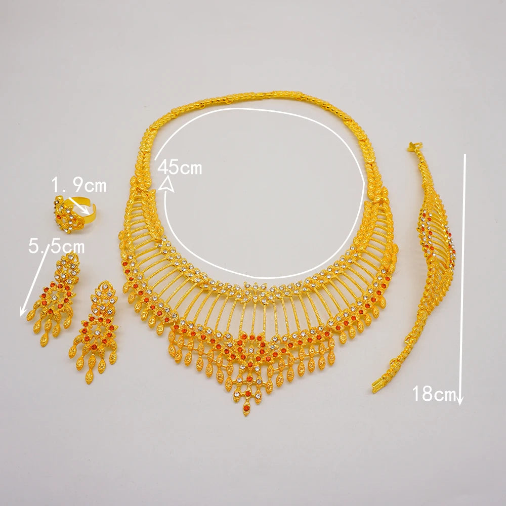 Trendy Nigerian Dubai Gold Color Jewelry Set For Women Tassel Long Chain Bridal Long Necklace Bracelet Earring Ring Wedding Sets