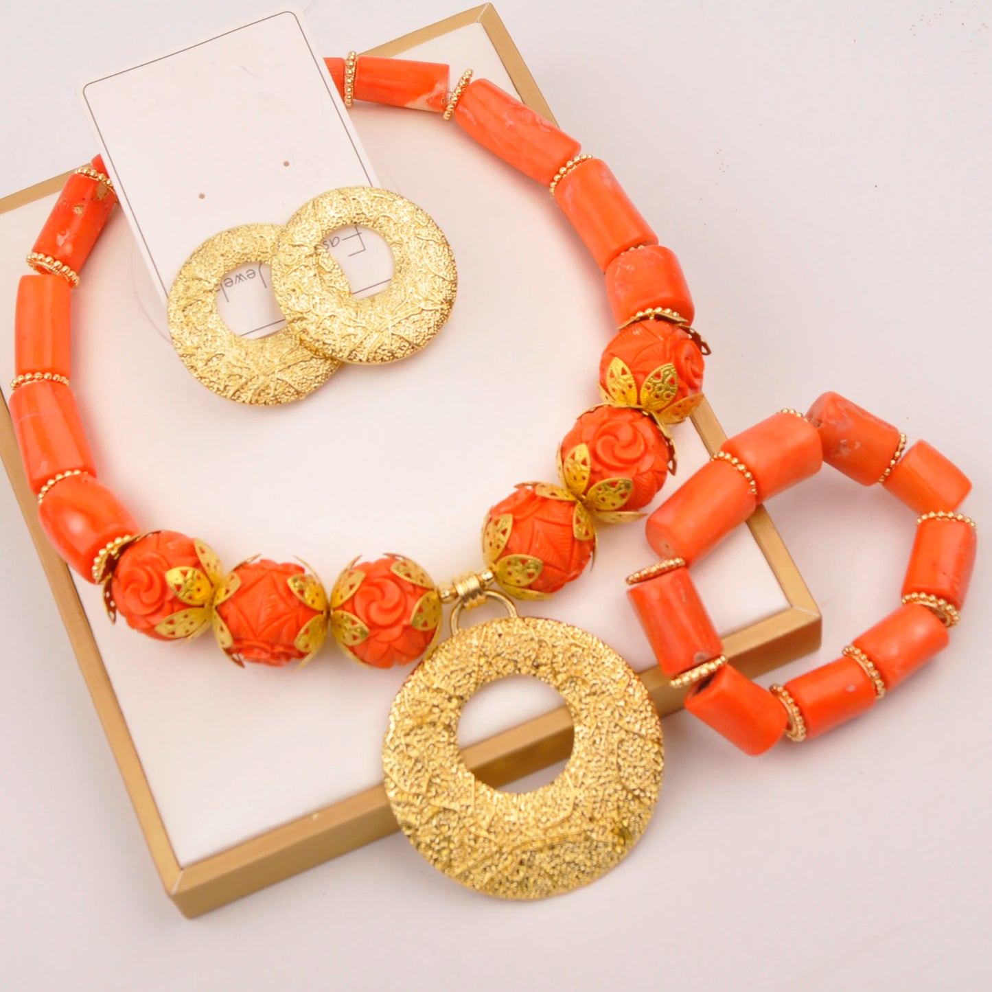 Orange Nigerian Artificial Coral Bead Necklace African Jewelry Sets