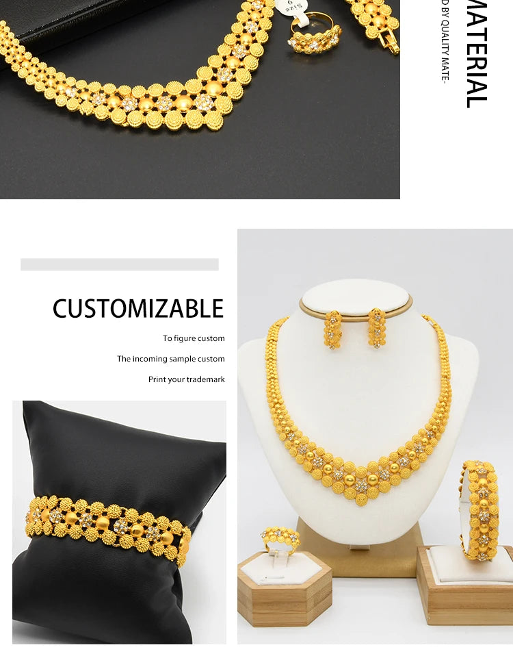XUHUANG Dubai 2024 Gold Color Necklace Bracelet Jewelry Set For Women Ethiopian Arabic Charm Necklace Choker Set Wedding Gifts