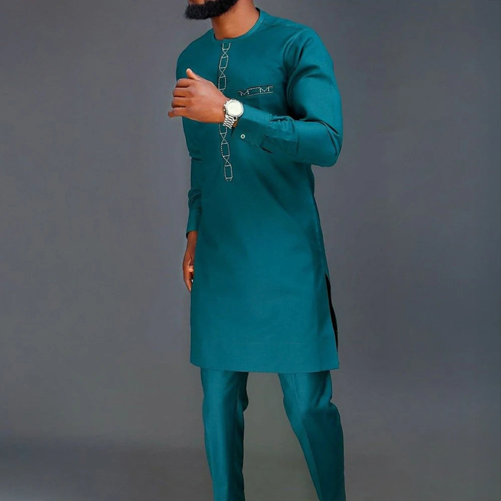 Dashiki Men Clothing 2 Pieces Long Sleeve Outfit African Clothes For Men Solid Color Casual Riche Shirt Pant Full Men‘s Suits