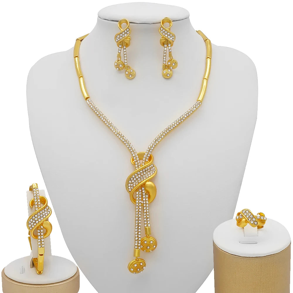 Nigeria Dubai Gold Color Fine Flowers Jewelry Sets African Wedding Gifts Party For Women Bracelet Necklace Earrings Ring Set