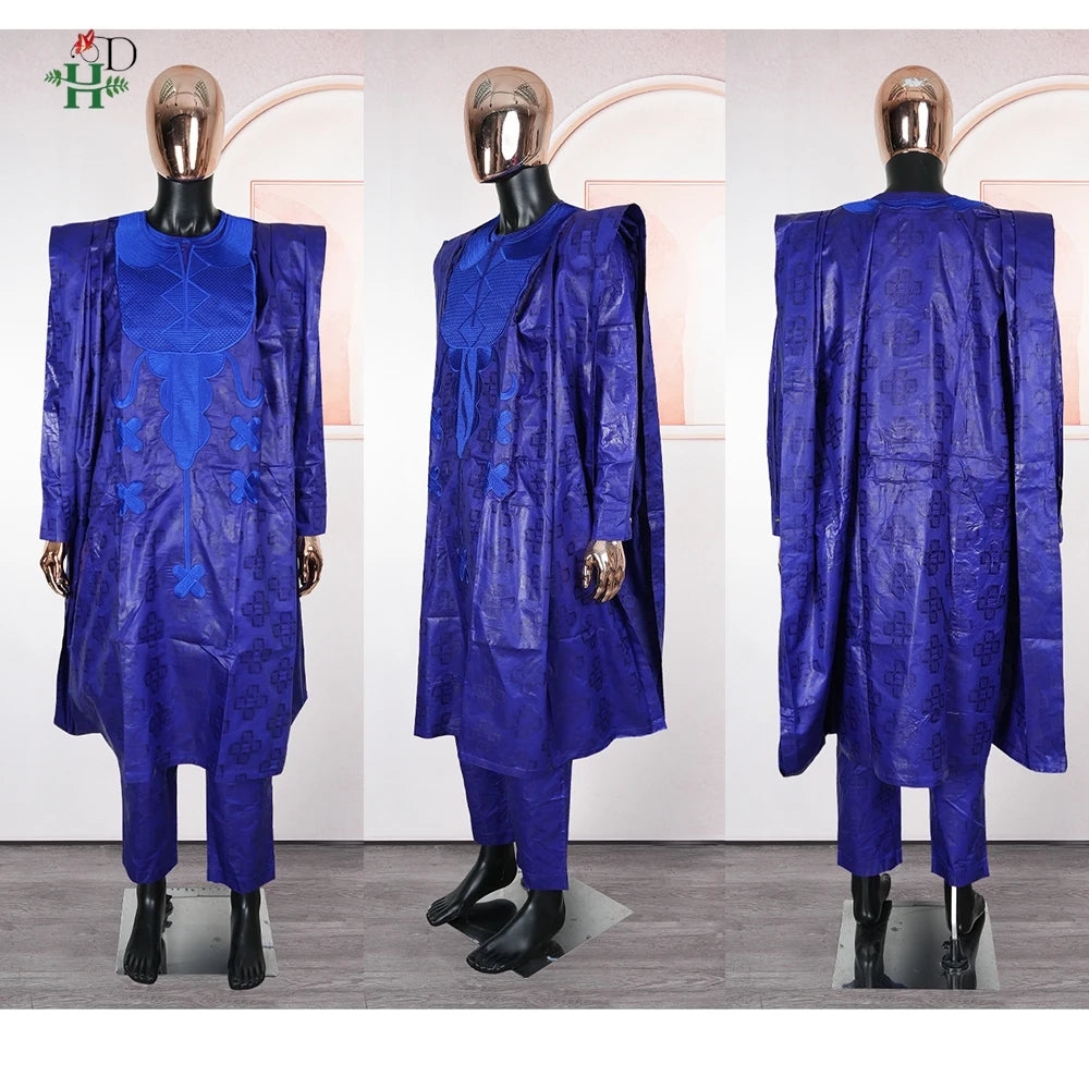 H&D African Clothing Traditional 3PCS African Outfit For Man Blue Bazin Riche Agbada Embroidered Wedding Party Robe Plus Size