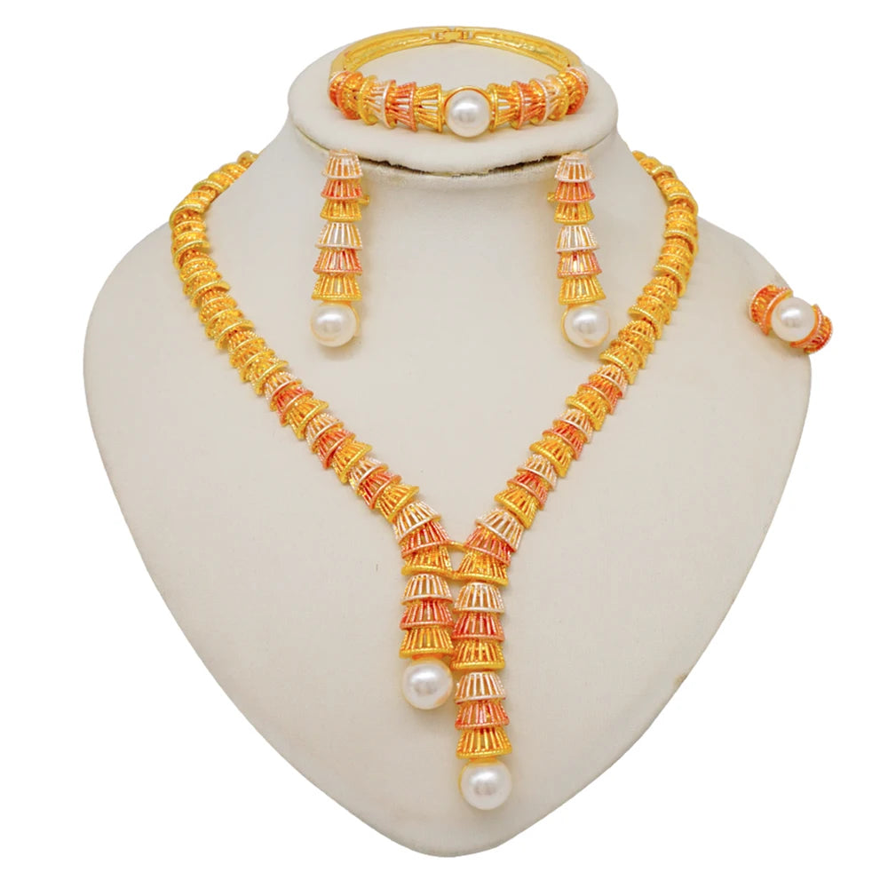 Trendy Nigerian Dubai Gold Color Jewelry Set For Women Tassel Long Chain Bridal Long Necklace Bracelet Earring Ring Wedding Sets