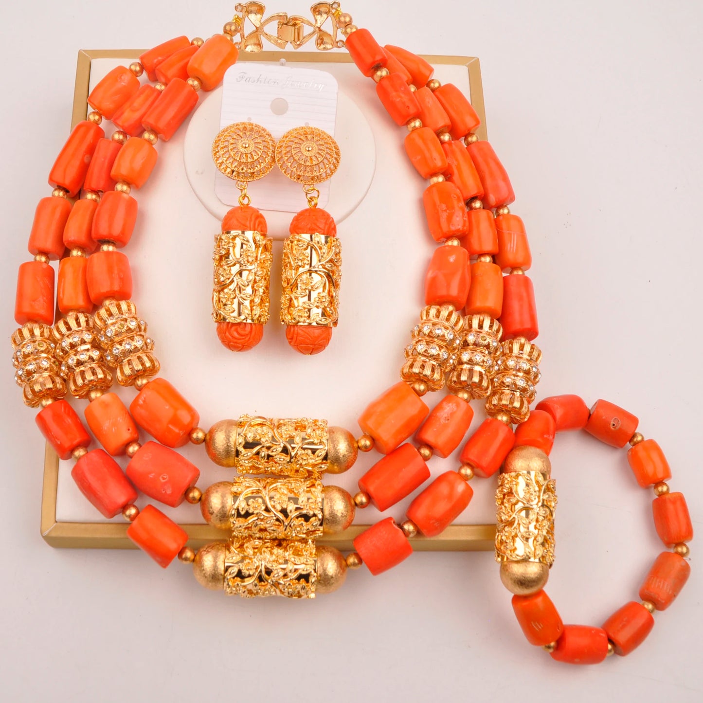 Orange Nigerian Artificial Coral Bead Necklace African Jewelry Sets