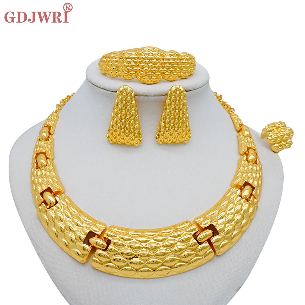 Necklace Sets For Women Dubai African Gold Color Jewelry Set Bride Earrings Rings Indian Nigerian Wedding Jewelery Set Gift