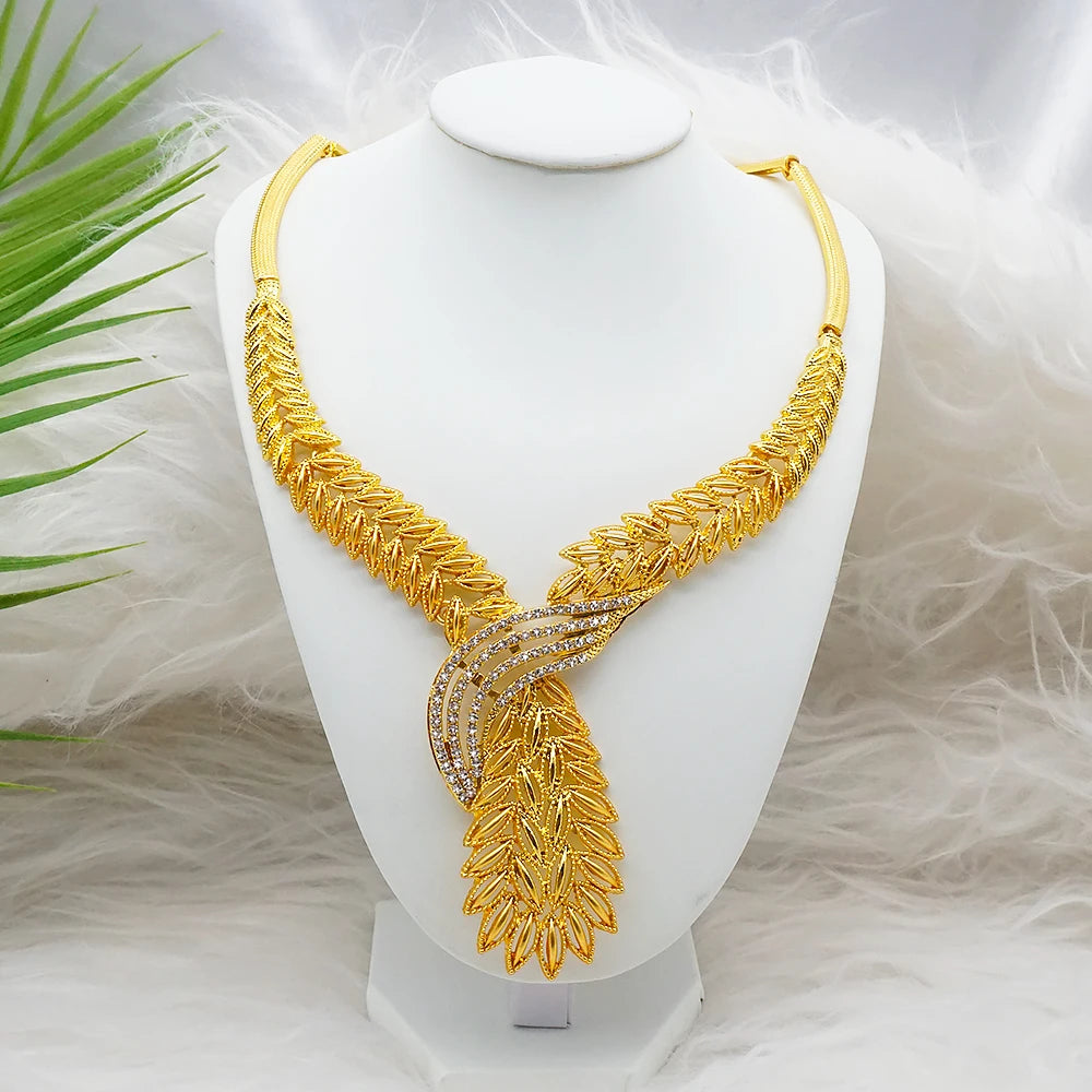 Trendy Nigerian Dubai Gold Color Jewelry Set For Women Tassel Long Chain Bridal Long Necklace Bracelet Earring Ring Wedding Sets
