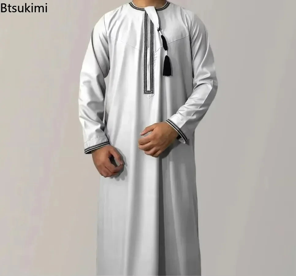 New Men's Muslim Fashion Abayas Dress O Neck Long Sleeve Pullover Kaftan Pakistan Saudi Arab Caftan Islamic Clothing Prayer Robe