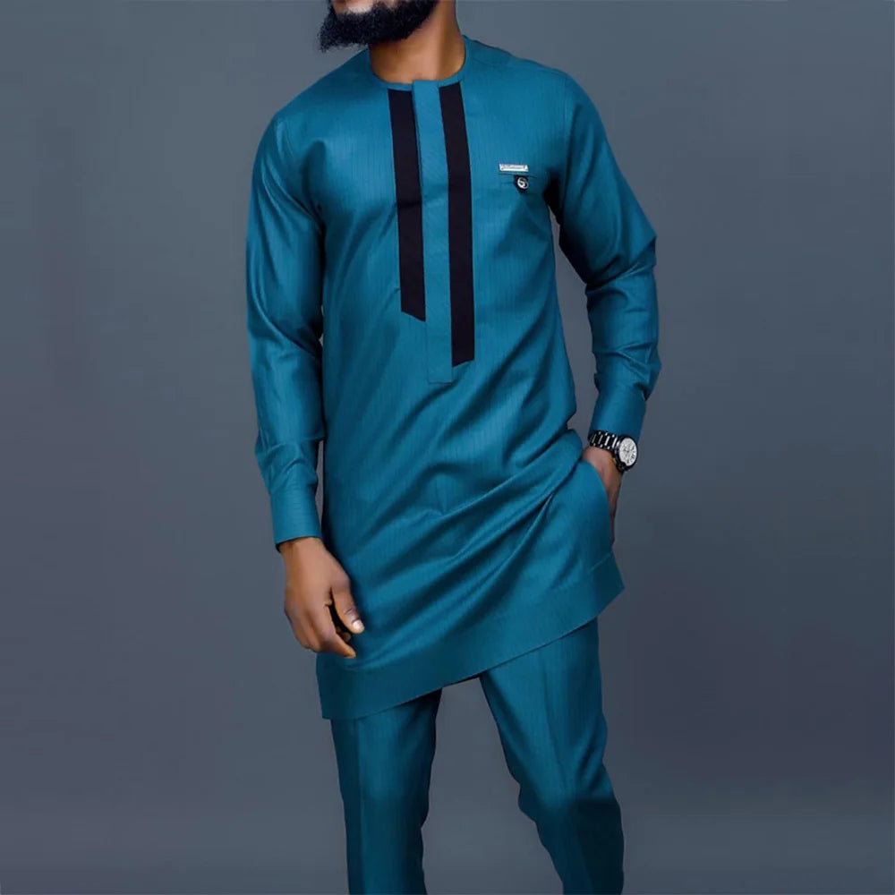 Dashiki Men Clothing 2 Pieces Long Sleeve Outfit African Clothes For Men Solid Color Casual Riche Shirt Pant Full Men‘s Suits