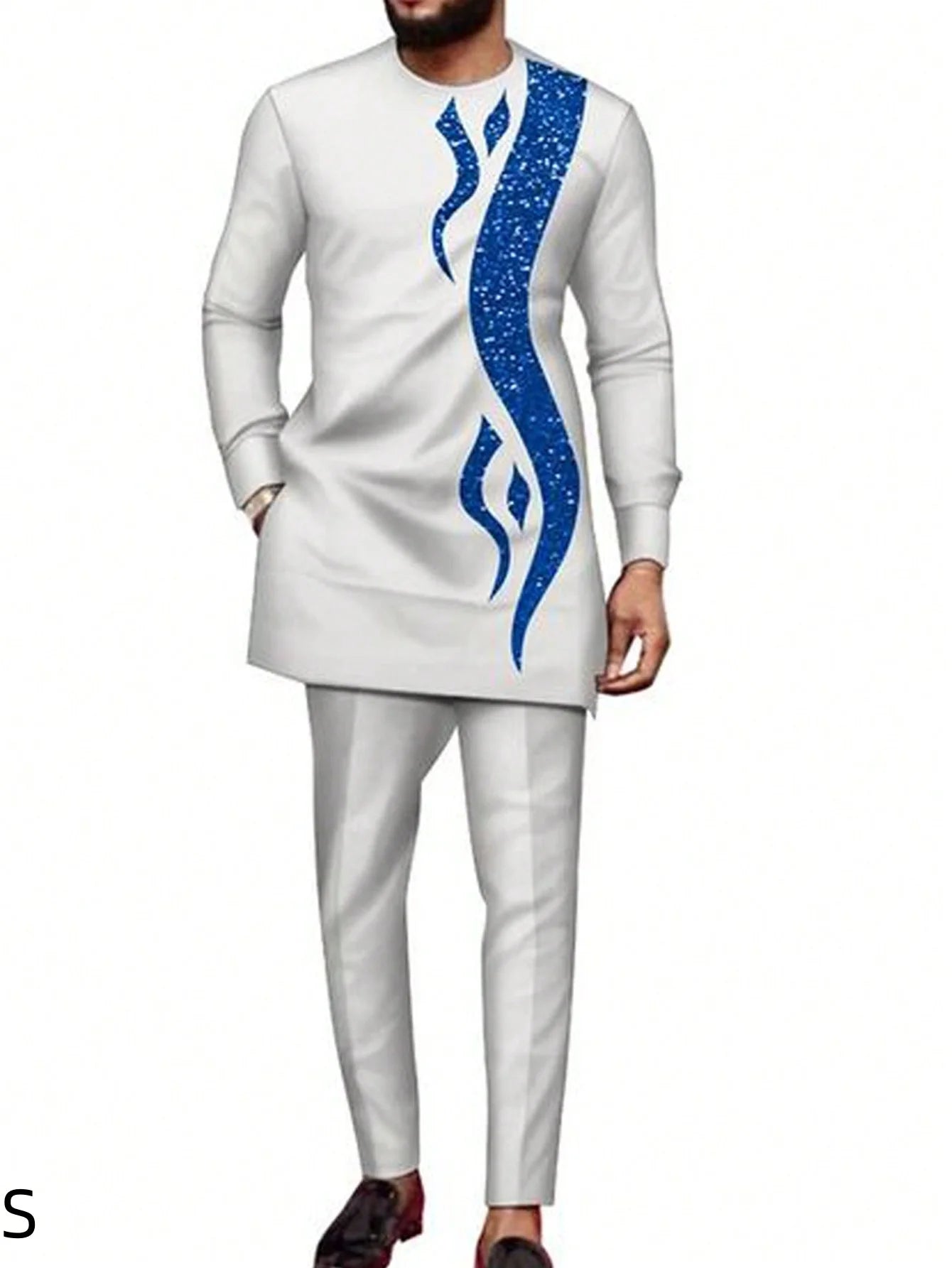 New Men's Tenos Wedding 2-Piece Suit Waist Pants Shirt Solid Color Panel Long Sleeve Party African Ethnic Style Clothing (M-4XL)