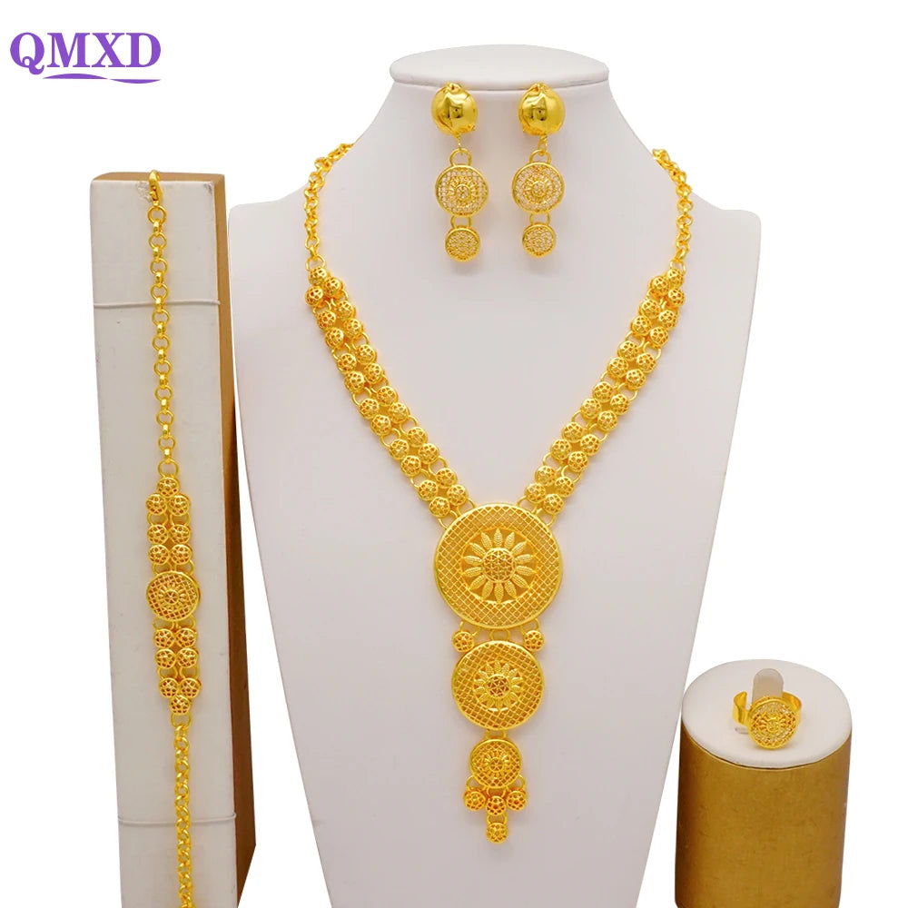 Trendy Nigerian Dubai Gold Color Jewelry Set For Women Tassel Long Chain Bridal Long Necklace Bracelet Earring Ring Wedding Sets