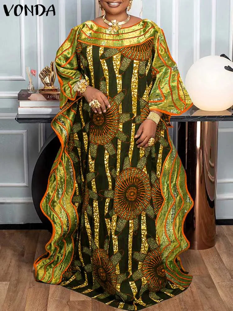 Plus Size 5XL VONDA Bohemian Women Long Dress Summer Printed Ruffled Maxi Sundress Flare Sleeve Loose Casual Robe Party Vestidos