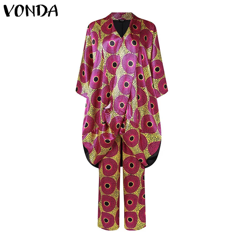 VONDA Plus Size Women Elegant Wide Leg Pants Pants Sets 2024 Vintage 3/4 Sleeve Elastic Waist Tops+Trousers Casual Pleated Suits