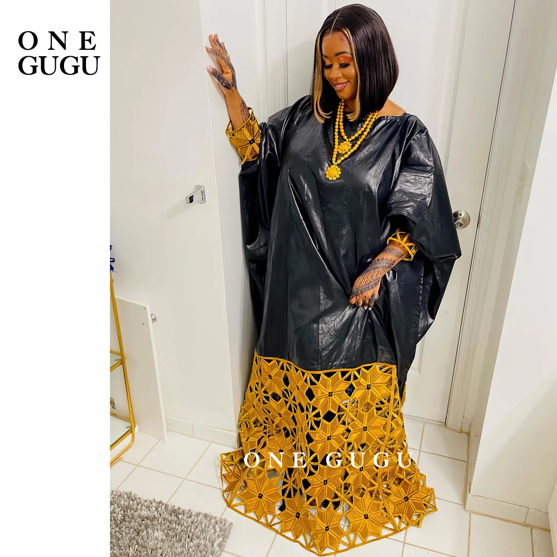 Winter African Bazin Rich Dress With Gold Brode Noble Lady Wedding Party Gown Plus Size Nigerian Dashiki Robe Long Sleeves Dress