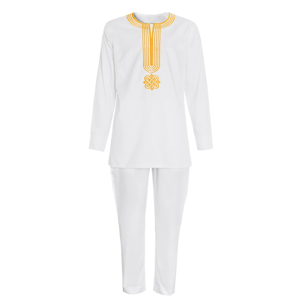 New African Clothes for Men Dashiki Tradition Outfit Robe Embroidery White Tops Pants Suits Bazin Muslim Wedding Party Clothing