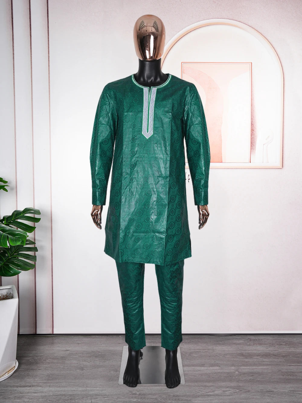 H&D South African Traditional Wear Formal Attire Bazin Riche Dashiki Outfits Green Shirt Pants Robe Suit Agbada Ramadan 2024