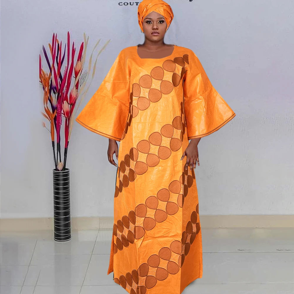 H&D New African Dresses For Women Embroidery Bazin Floral Dresses Ankara Rich Long Robes Nigeria Party Wedding Ramadan