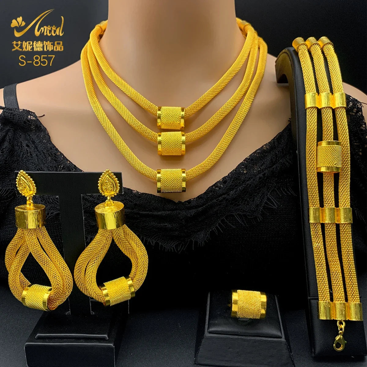 Luxury Dubai Ethiopian Multilayer Necklace And Earrings Sets For Women Indian Bridal 24k Gold Color Jewelry Set Wedding