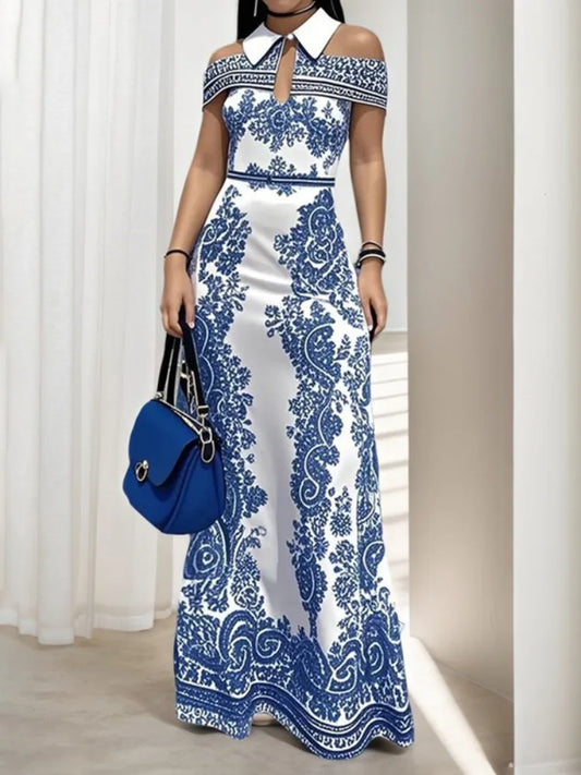 Freeacy Floral Printed Bodycon Dress for Women Cold Shoulder Lapel Collar High Waist A-line Maxi Evening Dresses Party Gowns