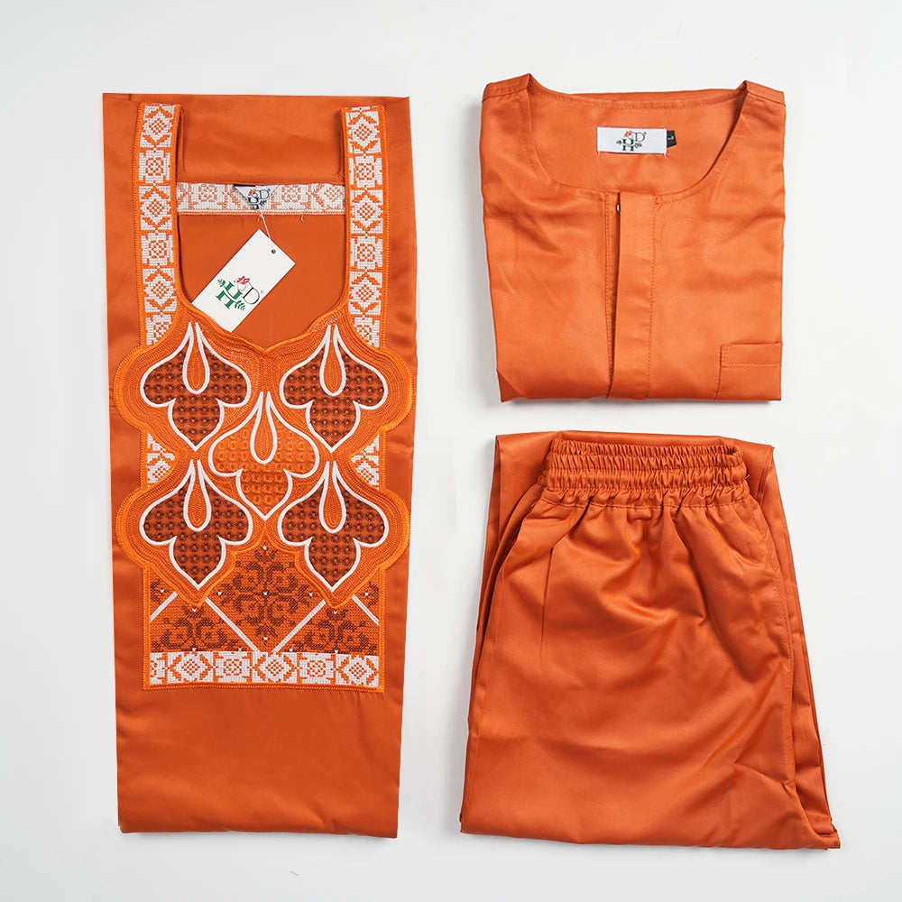 MD 2025 African Boubou Men Agbada 3 pieces Set Orange Dashiki Mens Shirt Pants Suit Embroidered Clothes Wedding Tops Pants Suit