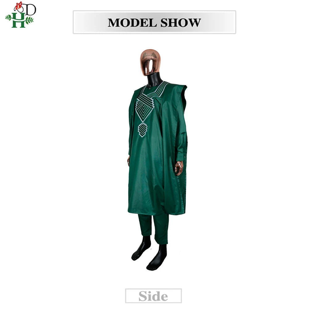 H&D African Clothes Plus Size For Men Elegant Party Wedding Thobe 3 PC Top and Pants Suits Set Daily Wear Embroidery Green Gown