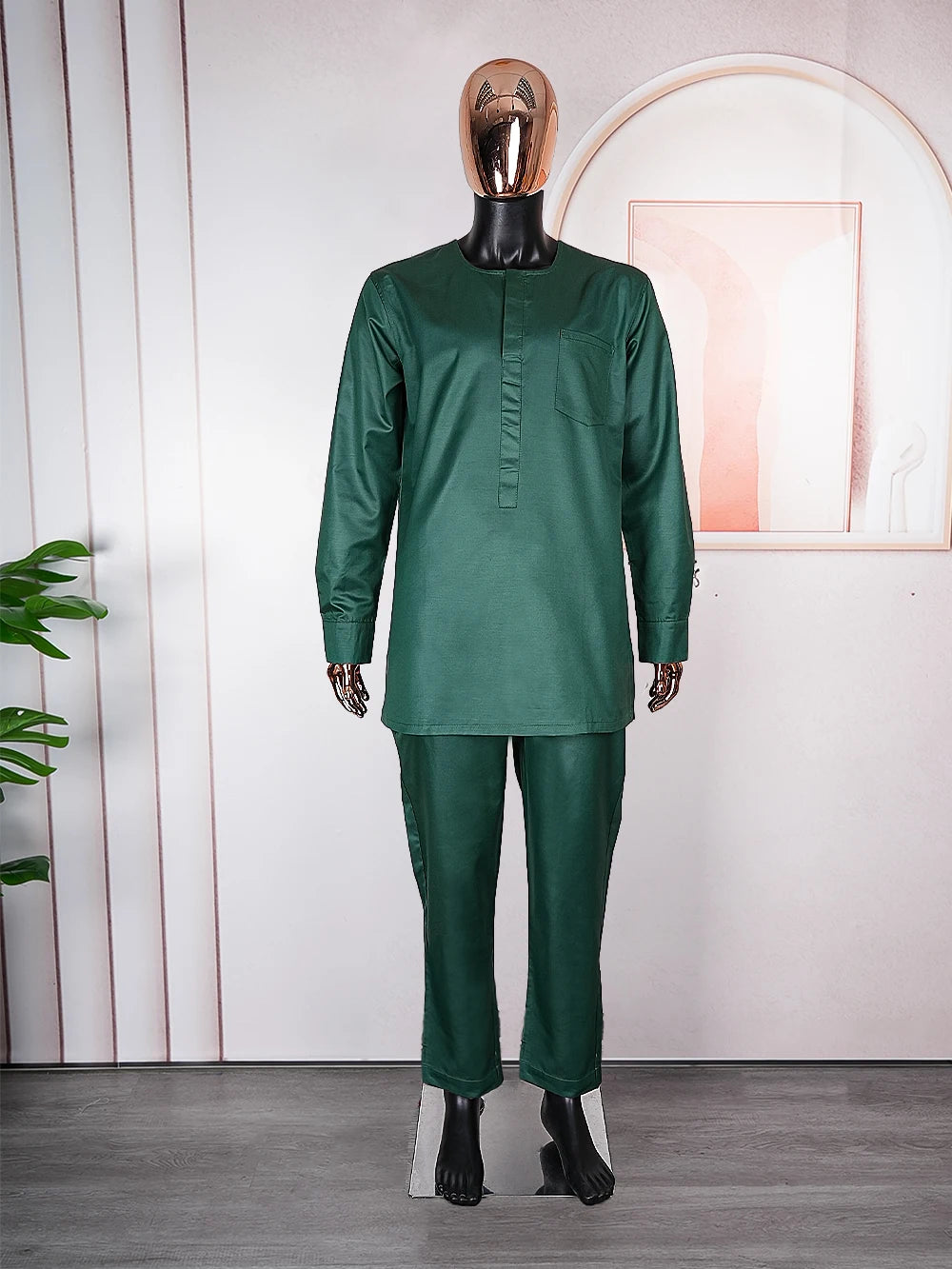 H&D African Clothes for Men Traditional Wear Formal Bazin Riche Dashiki Outfits Green Shirt Pants Robe Suit African Men Agbada