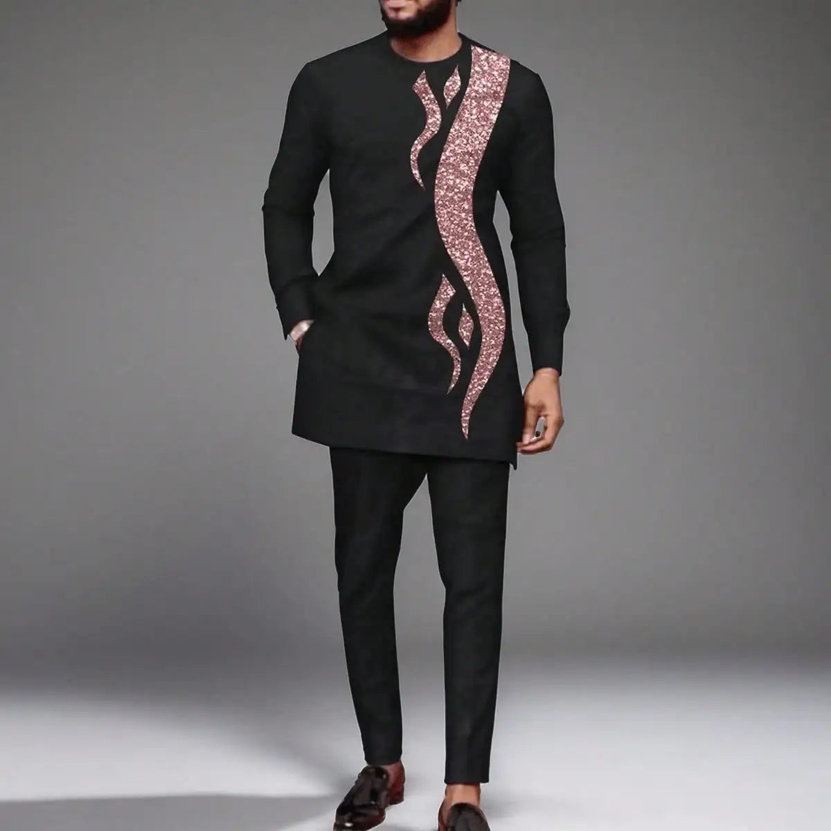 New Men's Tenos Wedding 2-Piece Suit Waist Pants Shirt Solid Color Panel Long Sleeve Party African Ethnic Style Clothing (M-4XL)