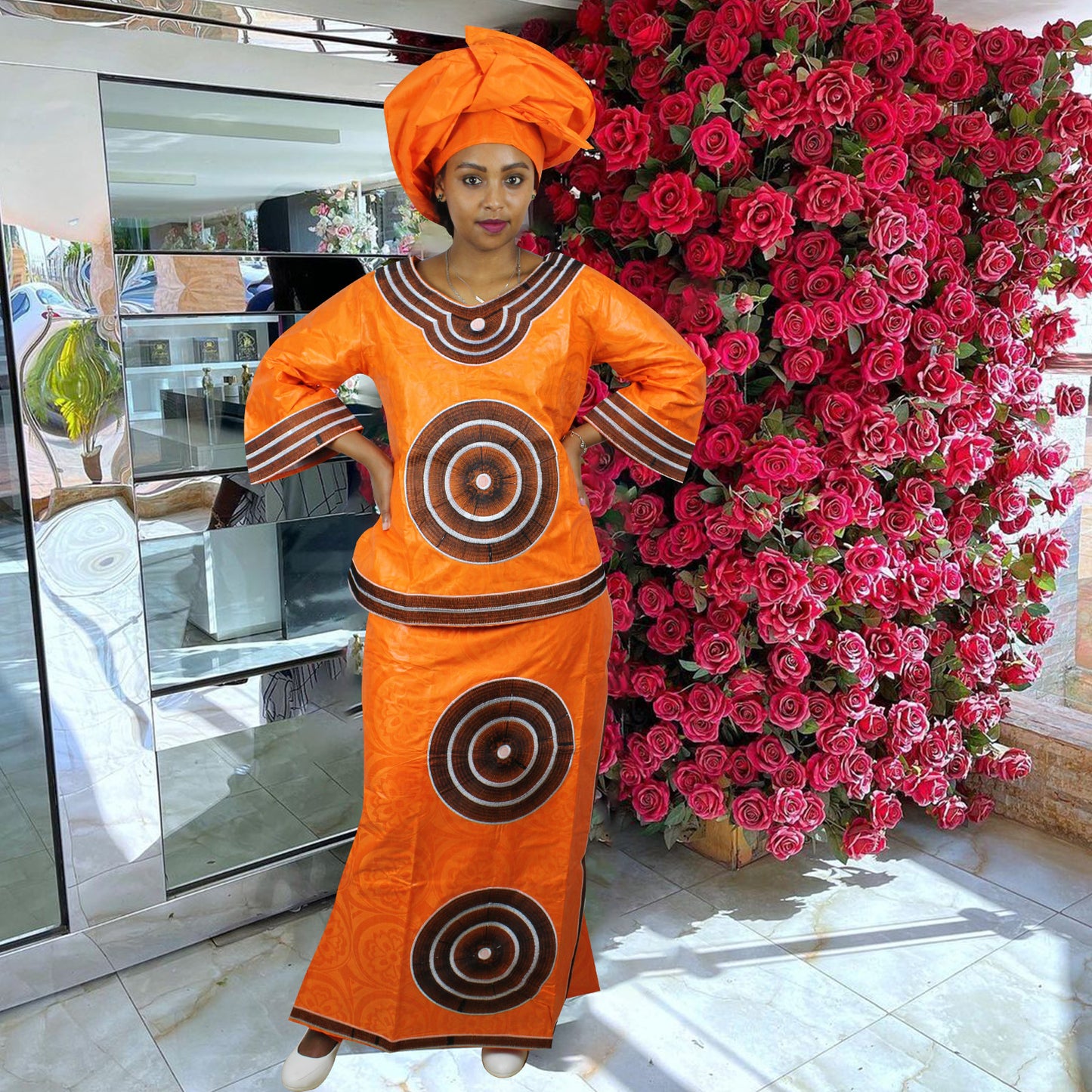 African Dresses For Women 3/4 Sleeve Top With Wrapper And Scarf 3pieces One Set 2 Size Smaller Than Us Size